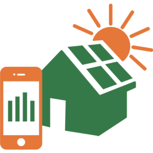 Clipart of a solar system on a home as well as a cell phone with a monitoring app on the screen and the sun behind it