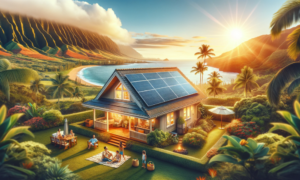 Scenic home with rooftop solar panels installed by Suncovia, set against a tropical landscape, showcasing sustainable energy solutions.