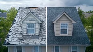 Before and after roof transformation by Suncovia, showcasing expert craftsmanship and durable roofing solutions for lasting protection.
