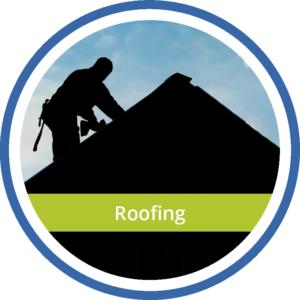 Suncovia roofing services icon featuring a silhouette of a roofer working on a roof, ensuring quality installation and durability.