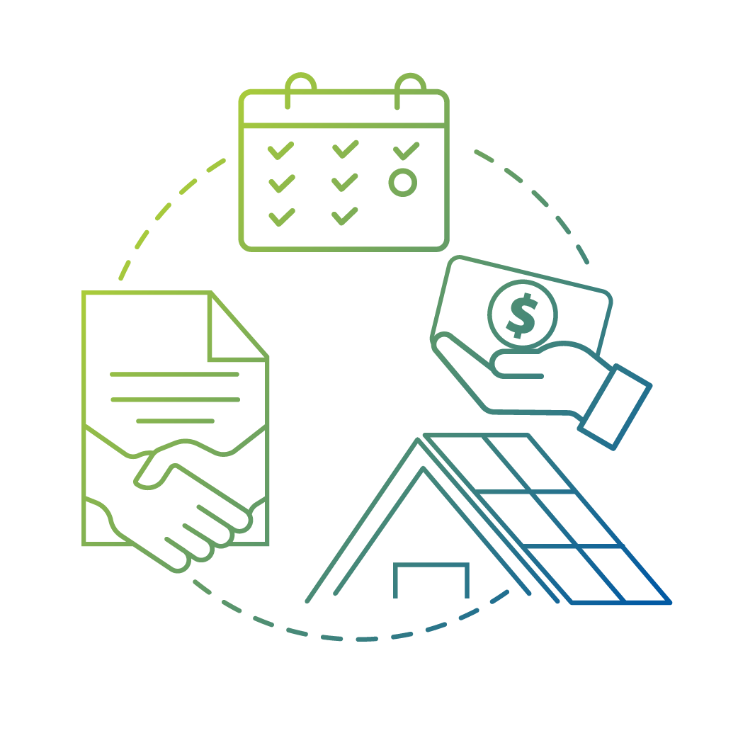 Visual representation of Suncovia's solar services: project planning, financial savings, and reliable solar panel installations.