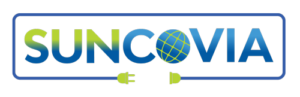 Official Suncovia logo featuring a globe and a plug, symbolizing sustainable solar energy and innovative solutions.