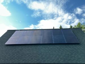 Rooftop solar panel installation by Suncovia under a clear blue sky, providing efficient and sustainable energy solutions.